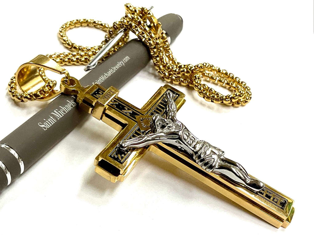 Gothic crucifix pendant necklace with silver and gold metal chain, cross with Jesus figure