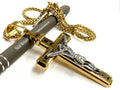 Gothic crucifix pendant necklace with silver and gold metal chain, cross with Jesus figure