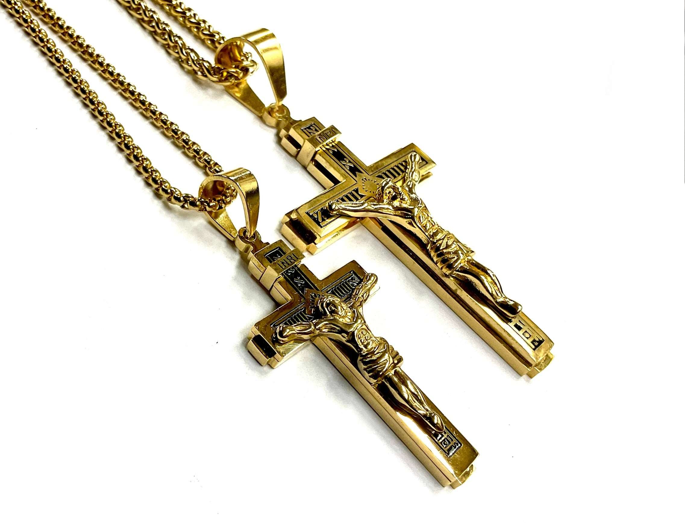 Gold cross crucifix necklace with two matching crucifix pendants on chain
