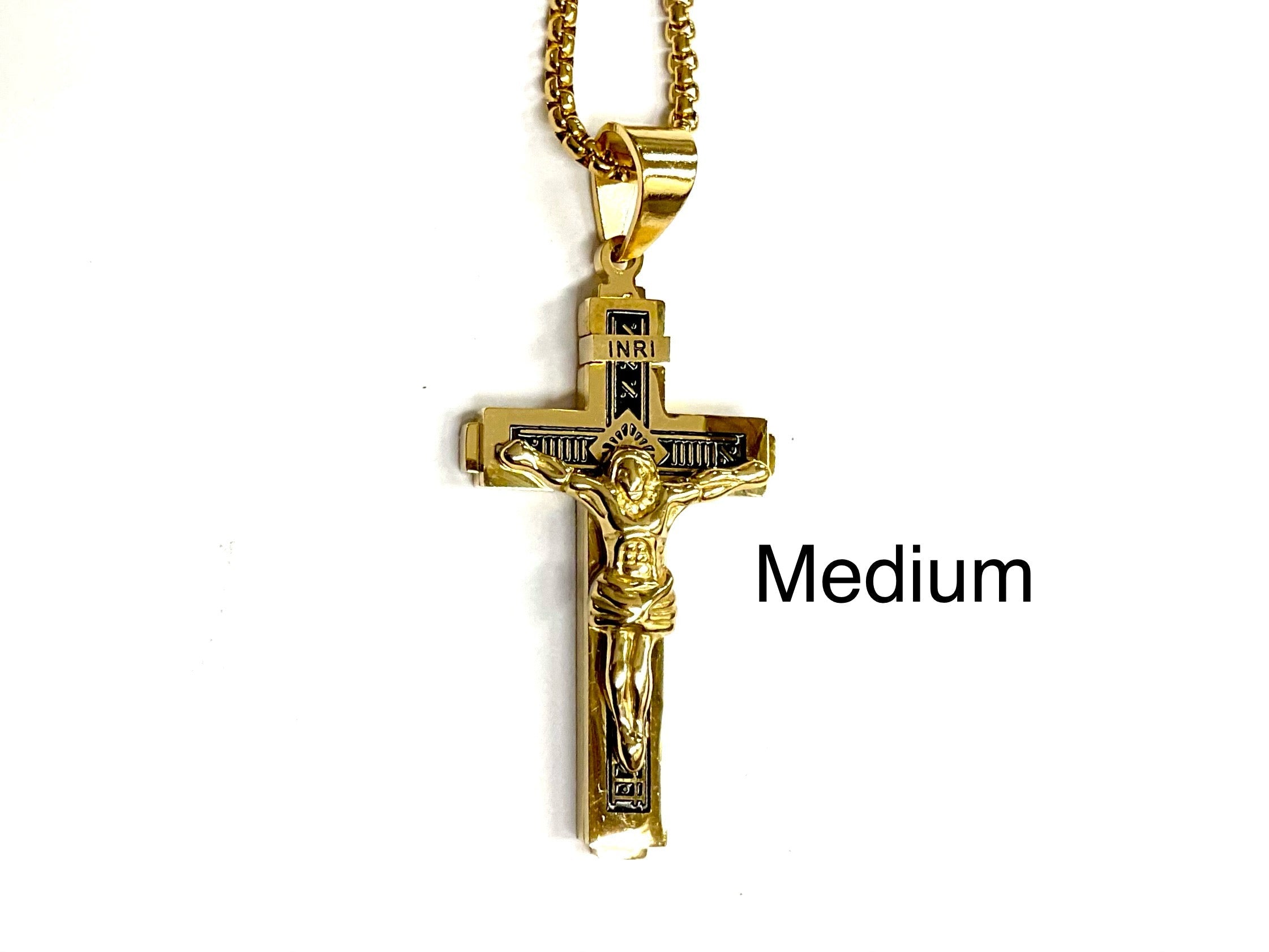 Gold cross crucifix pendant necklace, medium size, with attached chain