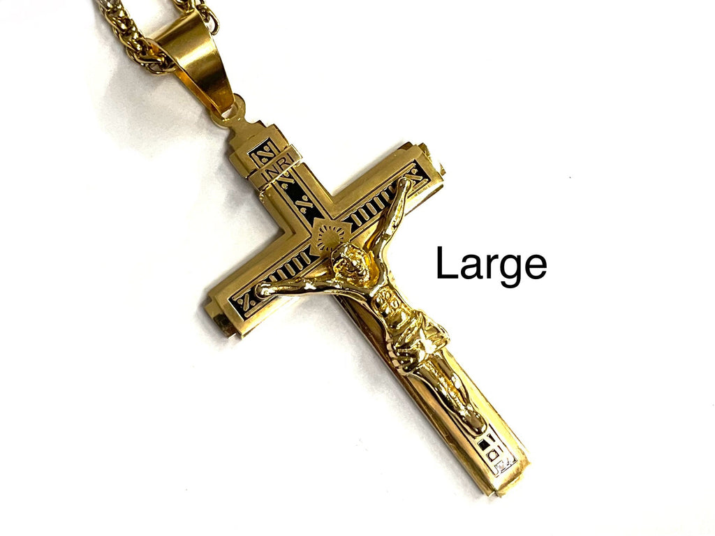 Gold cross crucifix pendant necklace, large size, with attached chain