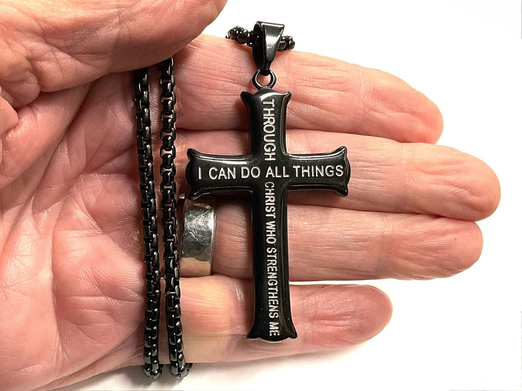 Black cross pendant necklace with engraved 'I can do all things' and linked chain