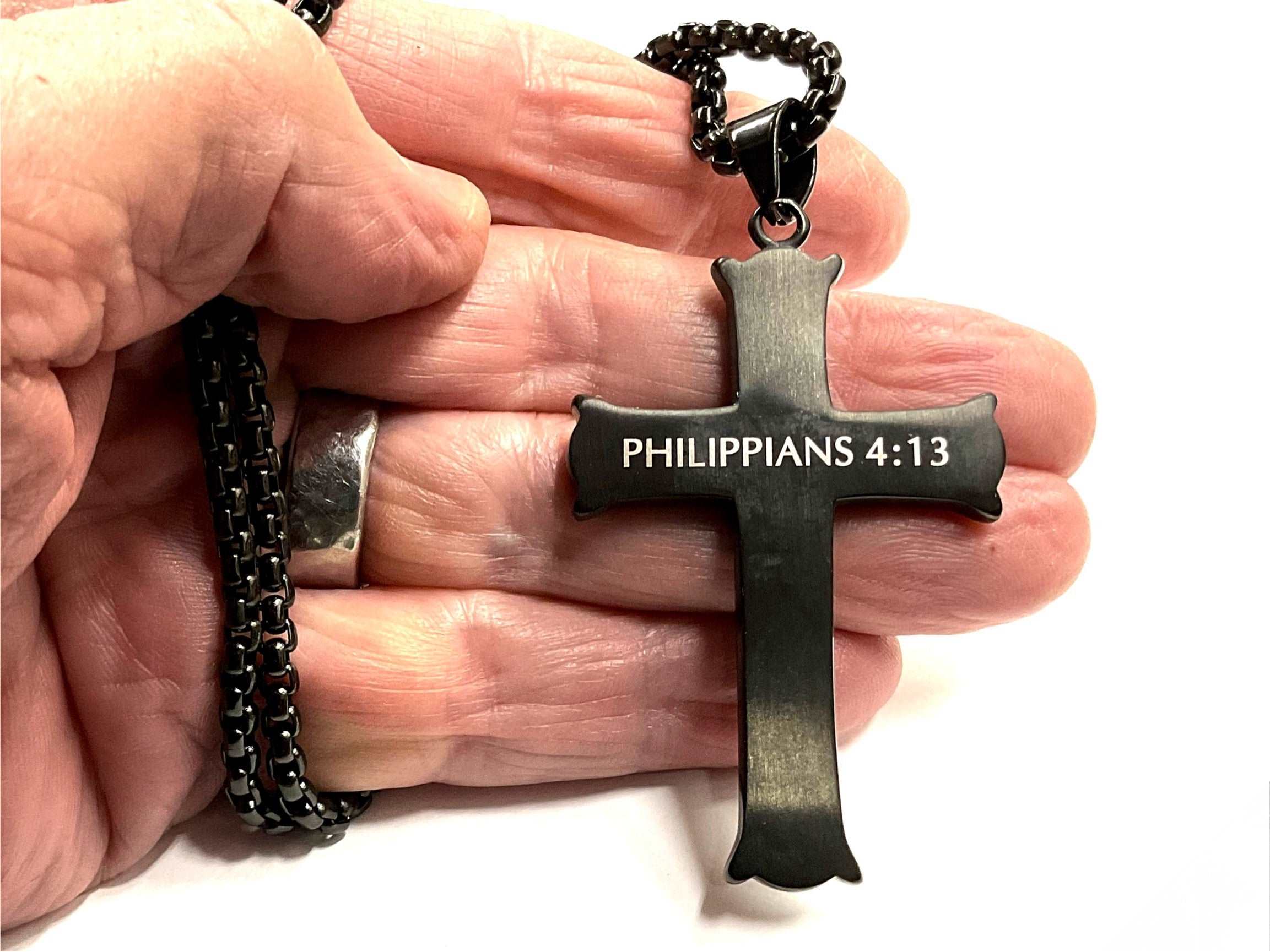 Cross pendant necklace engraved 'Philippians 4:13' in dark metal on chain