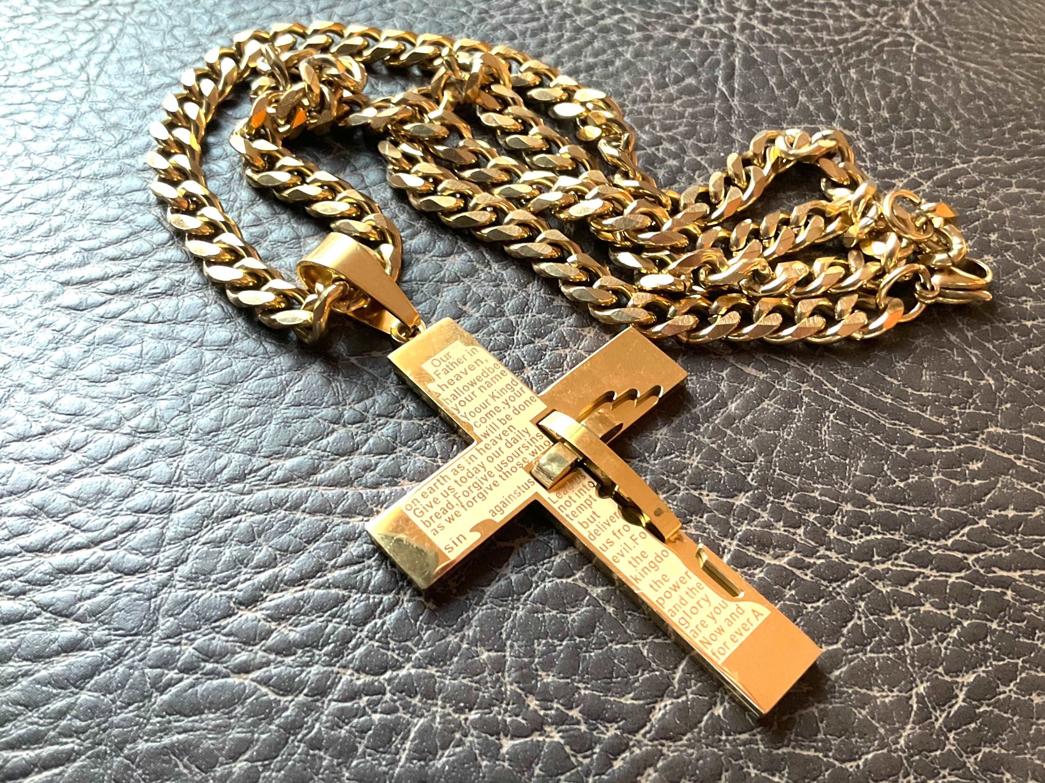 Gold crucifix cross pendant with engraved prayer text and gold Cuban-style chain