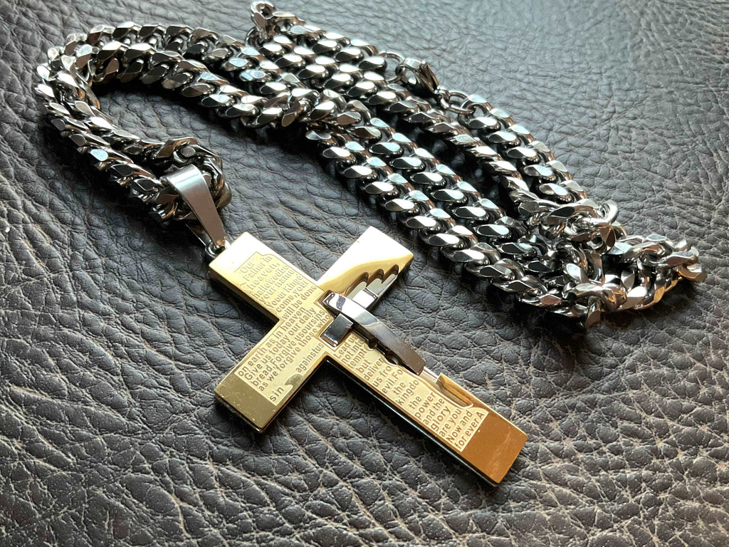 Silver crucifix cross pendant with engraved prayer text and chunky Cuban-link chain