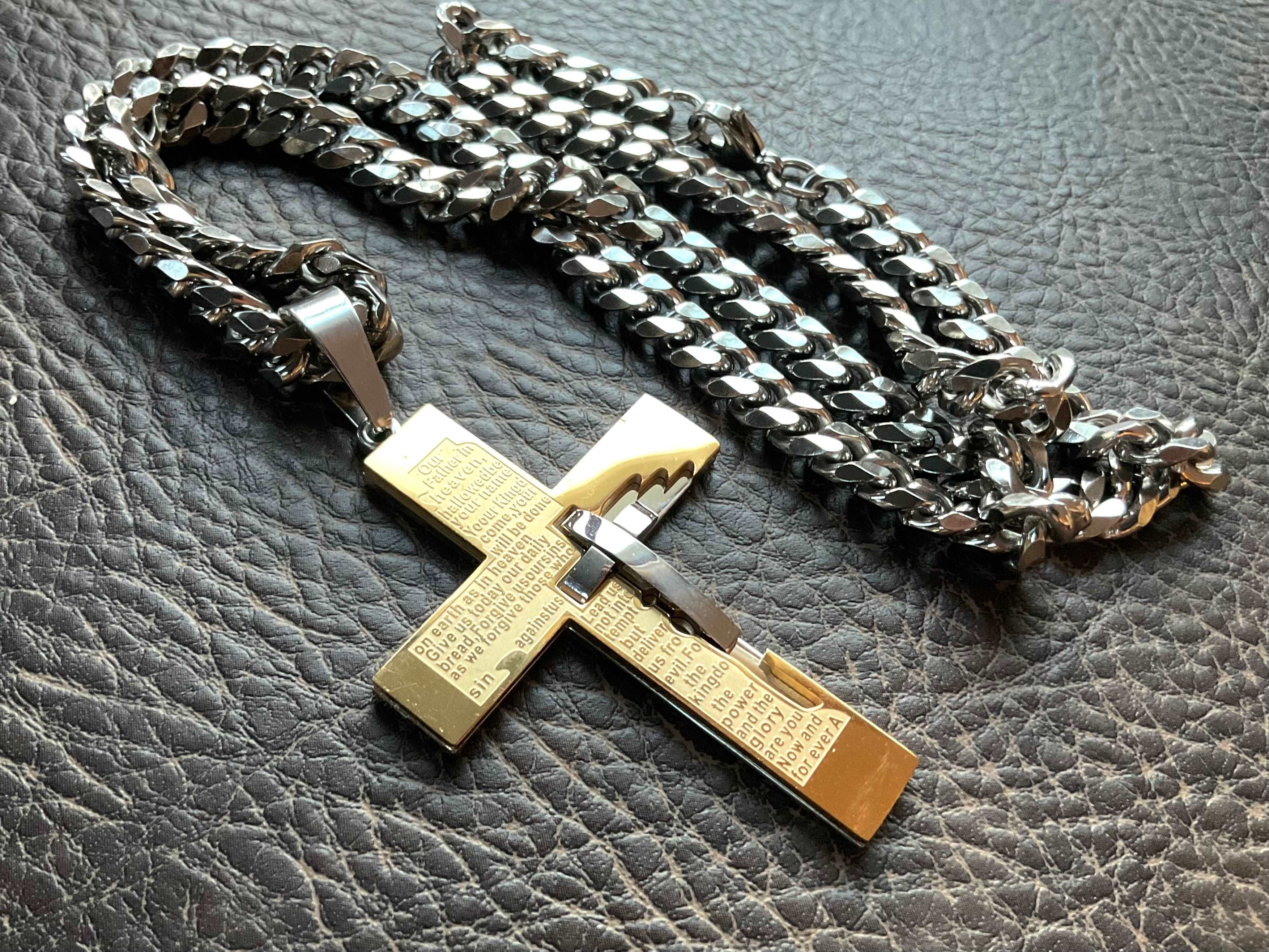 Silver crucifix cross pendant with engraved prayer text and chunky Cuban-link chain
