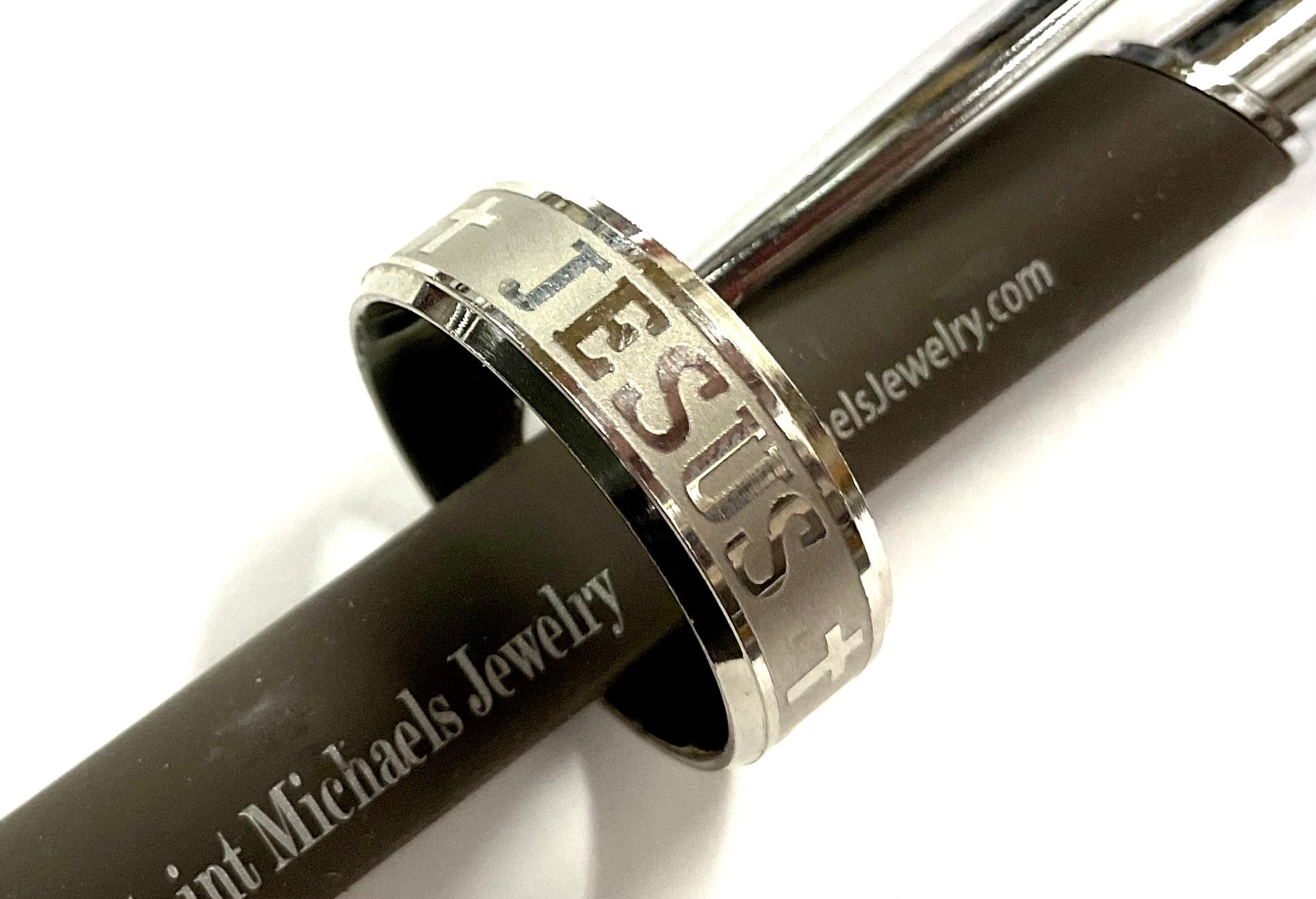 Silver stainless steel ring with cross and JESUS engraving, wide band