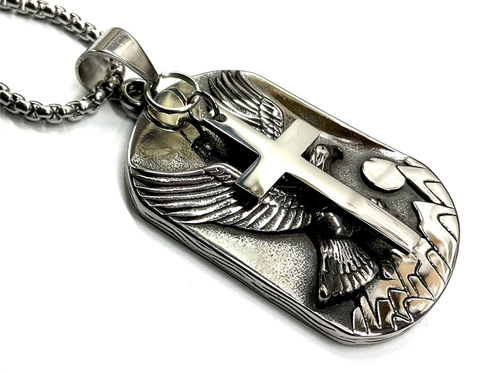 Eagle and cross dog tag necklace pendant, silver-tone metal with chain