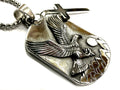 Eagle engraved dog tag necklace with cross pendant, silver-tone metal