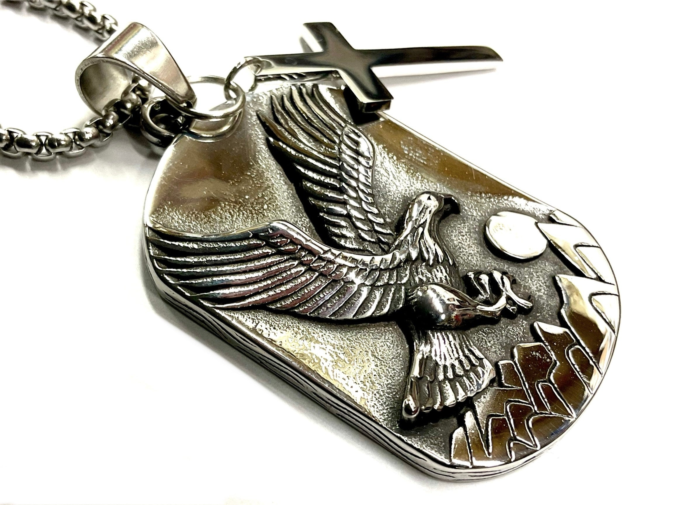 Eagle engraved dog tag necklace with cross pendant, silver-tone metal