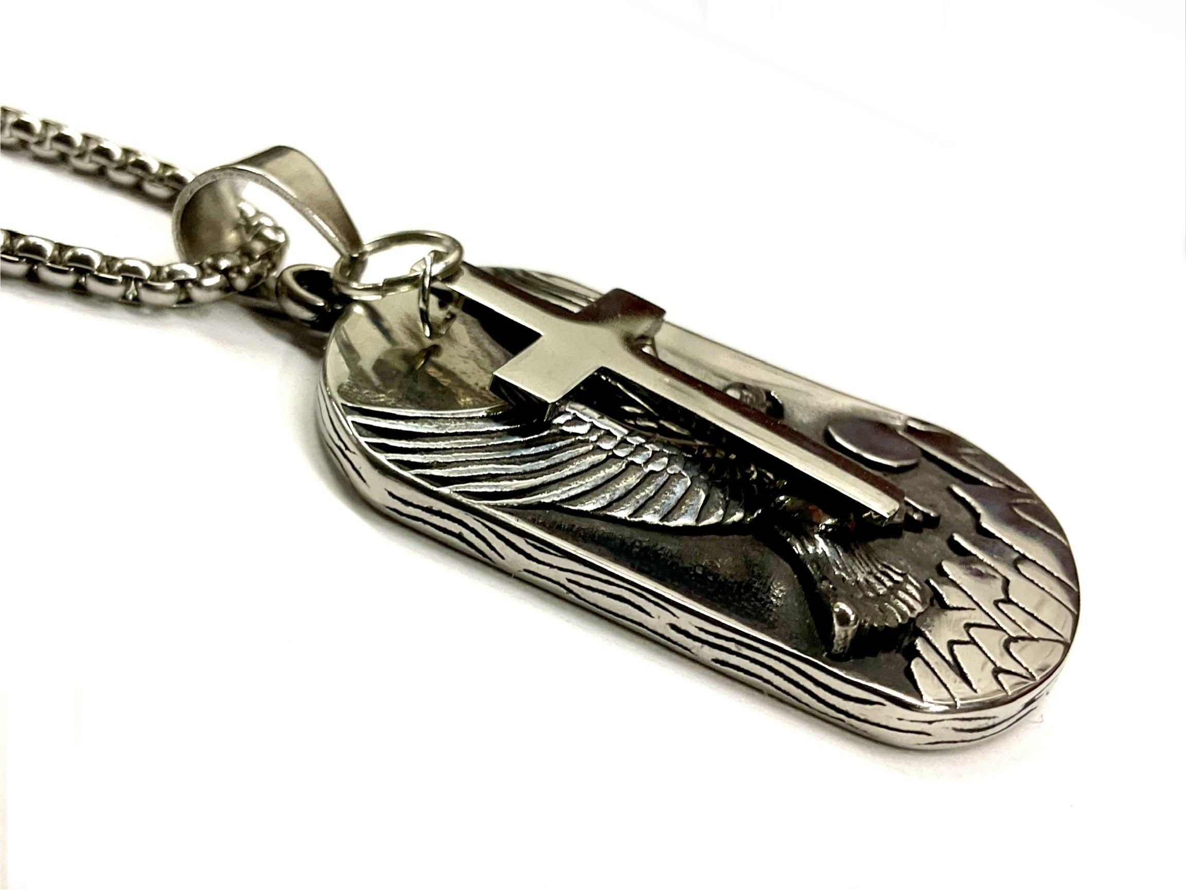 Eagle-etched dog tag necklace pendant with cross, silver-tone chain