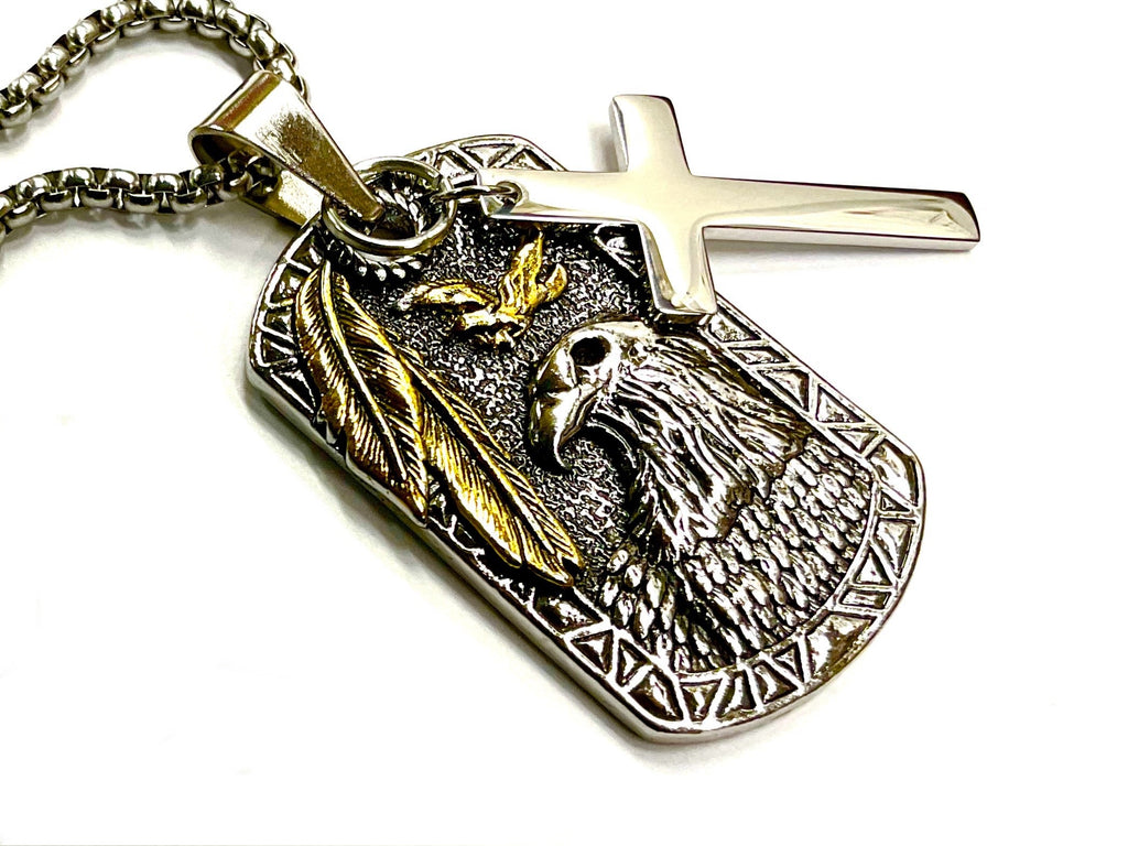 Engraved dog tag pendant necklace with eagle, feather and cross charm, gold-tone
