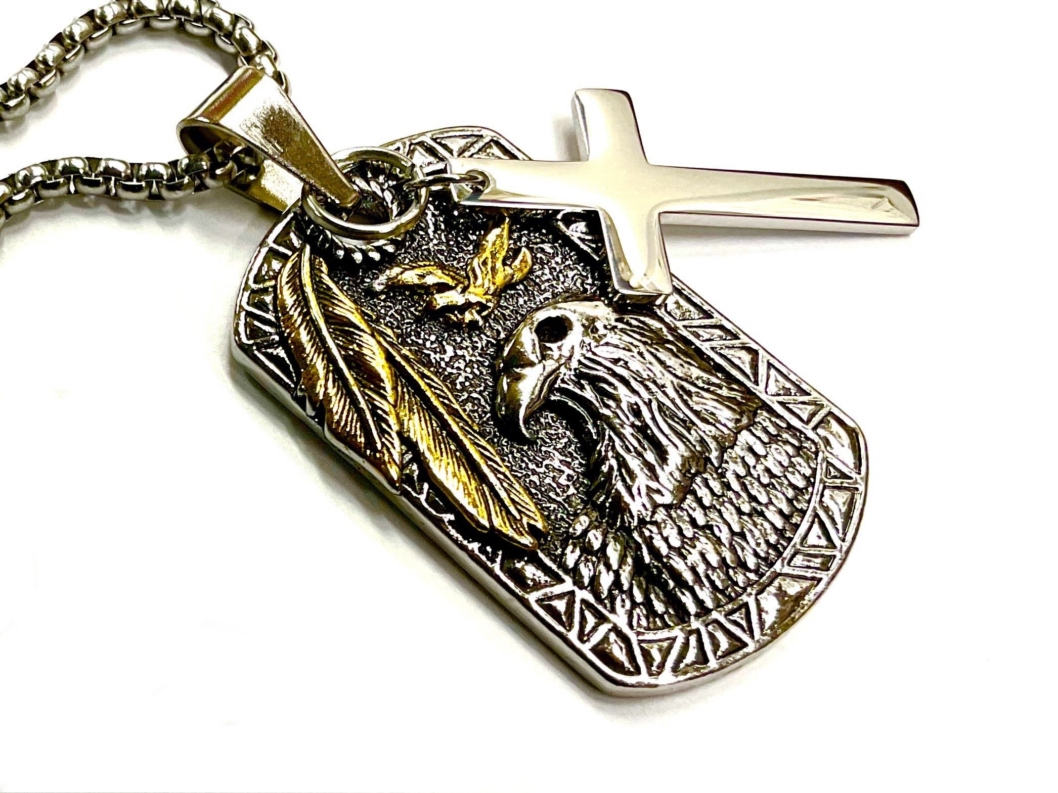 Engraved dog tag pendant necklace with eagle, feather and cross charm, gold-tone