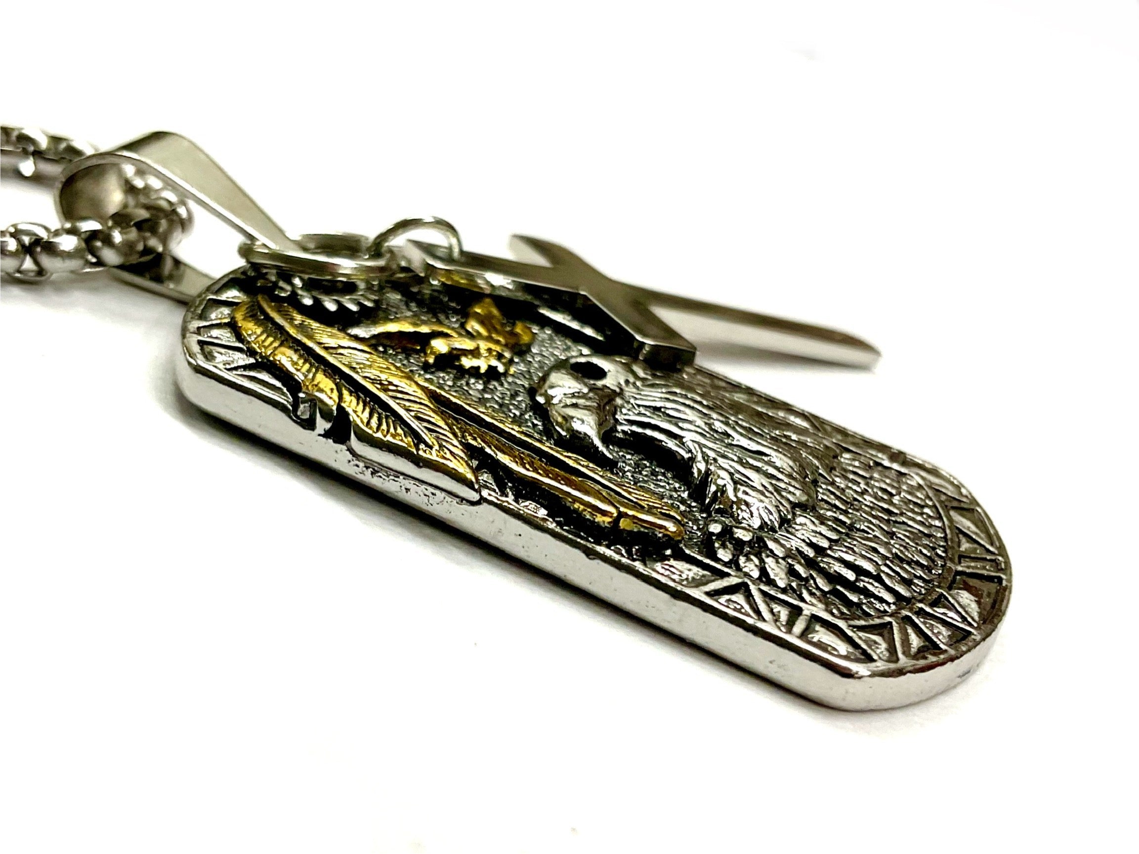 Engraved eagle dog tag pendant necklace with feather detailing, gold-tone highlights