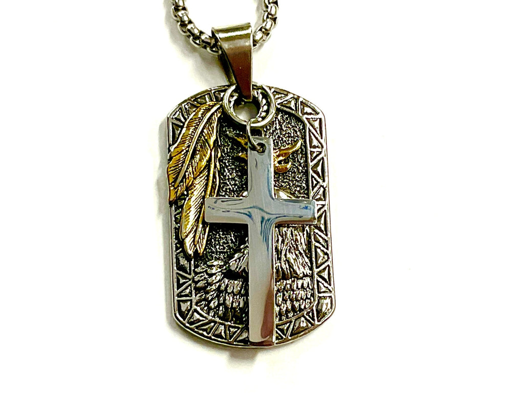 Dog tag pendant necklace with vertical cross and eagle engraving, gold-tone chain