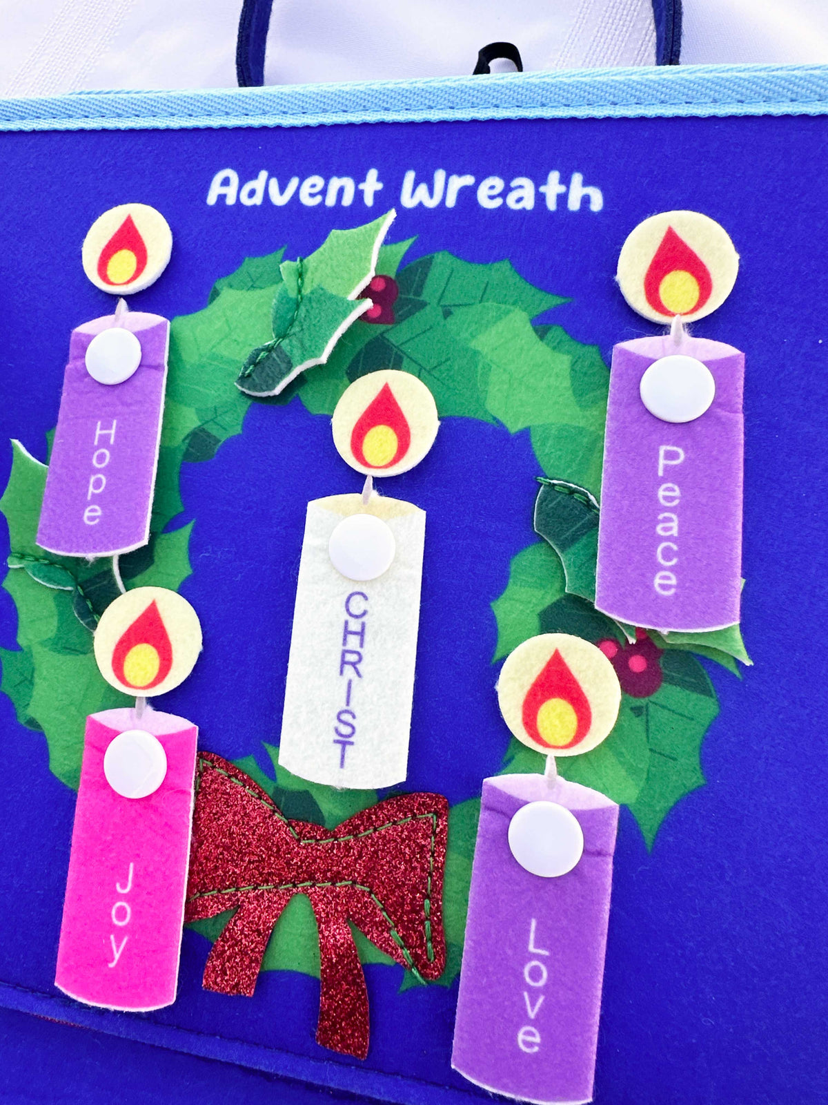 Nativity busy book Advent wreath page with felt candles and “CHRIST” center label