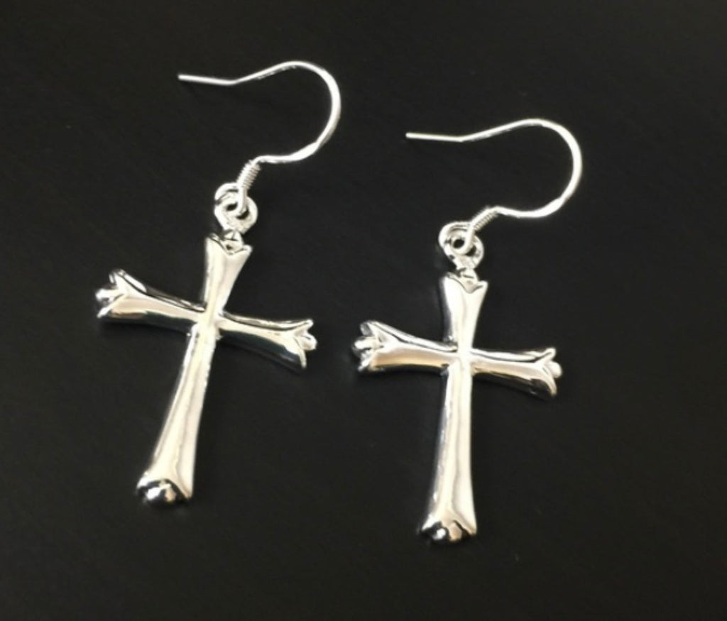 Sterling silver cross dangle earrings with dangling cross charms on fishhook backs