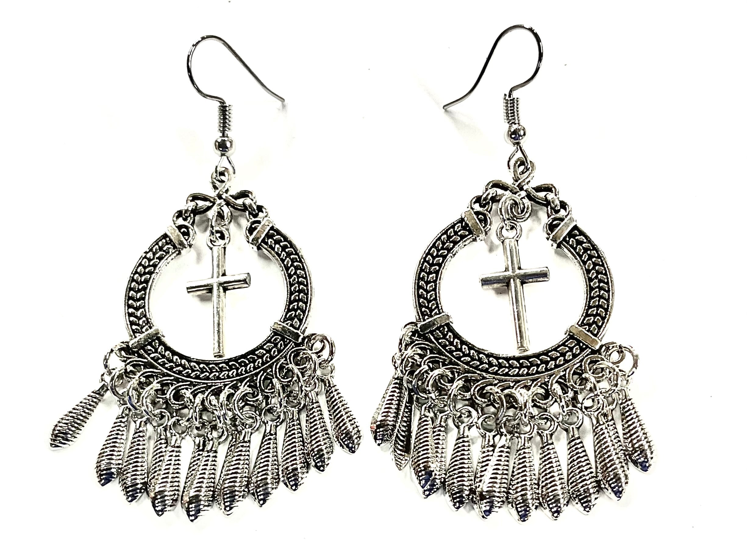 Silver cross drop dangle earrings with circular filigree and fringe tassels