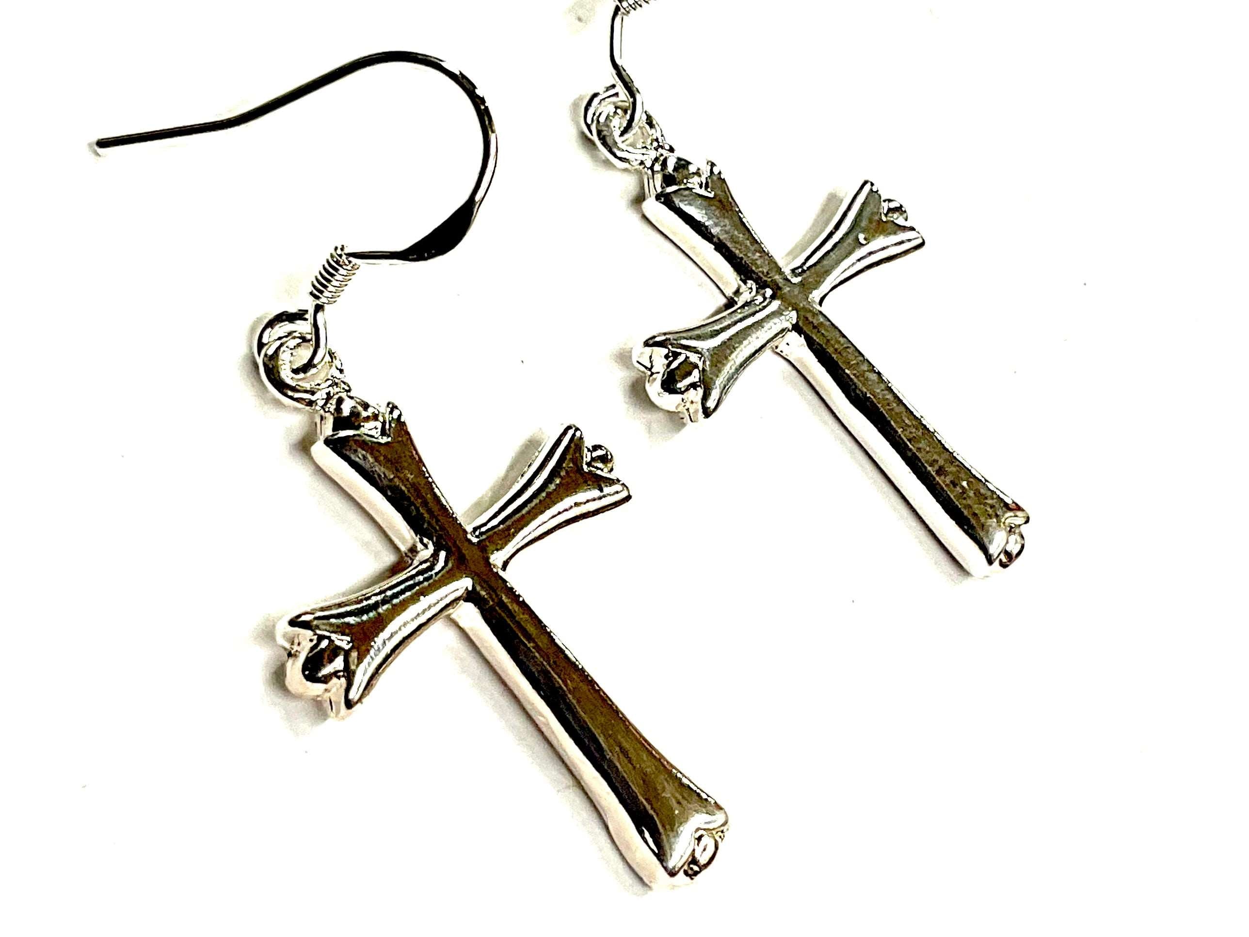 Sterling silver cross dangle earrings with cross charms and fishhook backs
