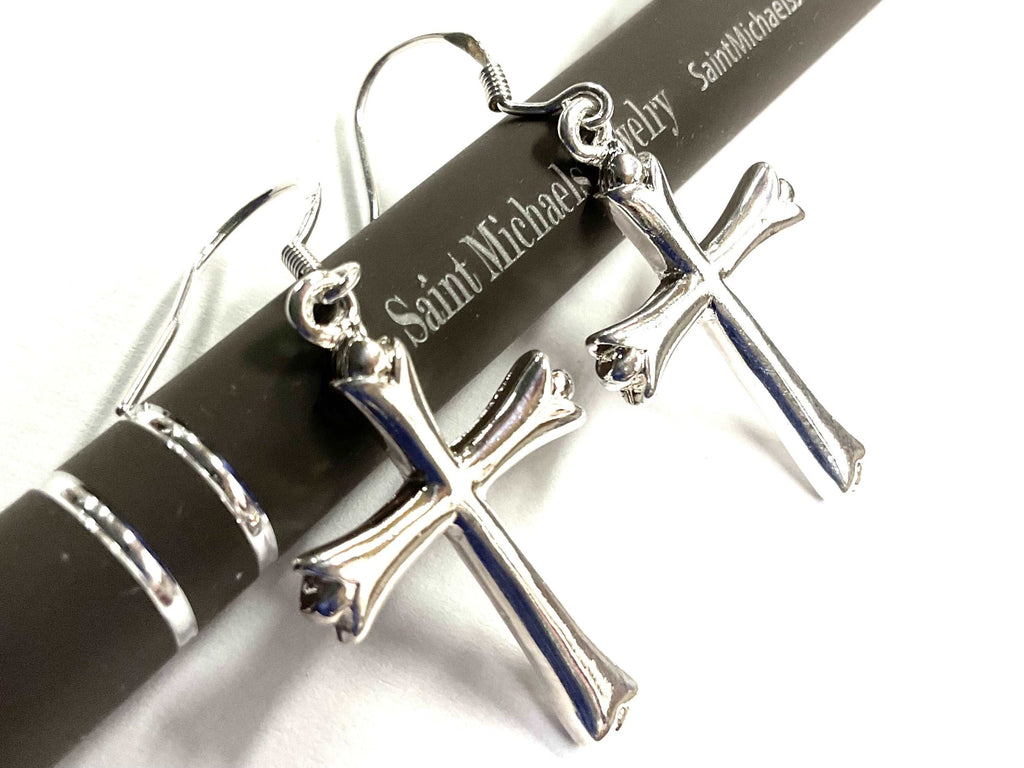 Sterling silver cross drop earrings with cross charms on fishhook backs