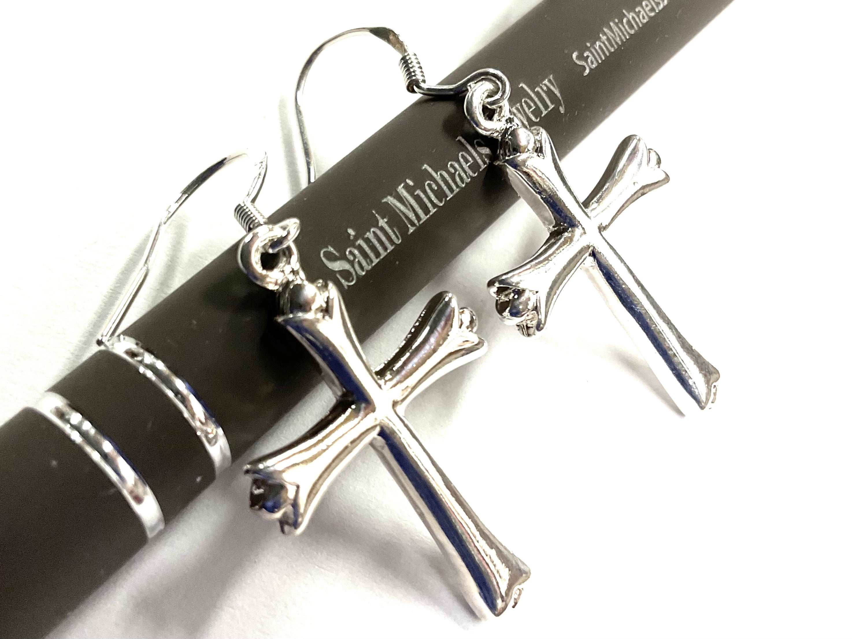 Sterling silver cross drop earrings with cross charms on fishhook backs