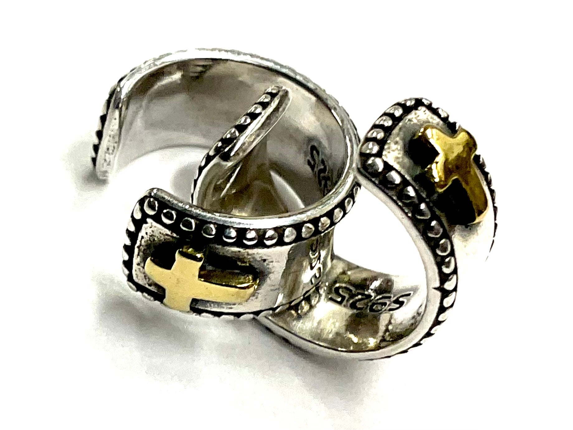 Sterling silver cross wrap cuff earrings, gold cross centers, open back view