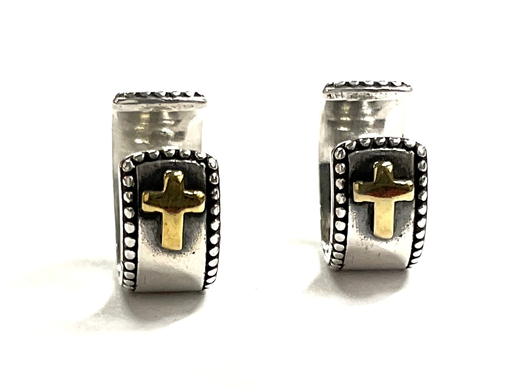 Sterling silver cross wrap cuff earrings with gold cross inserts and textured borders