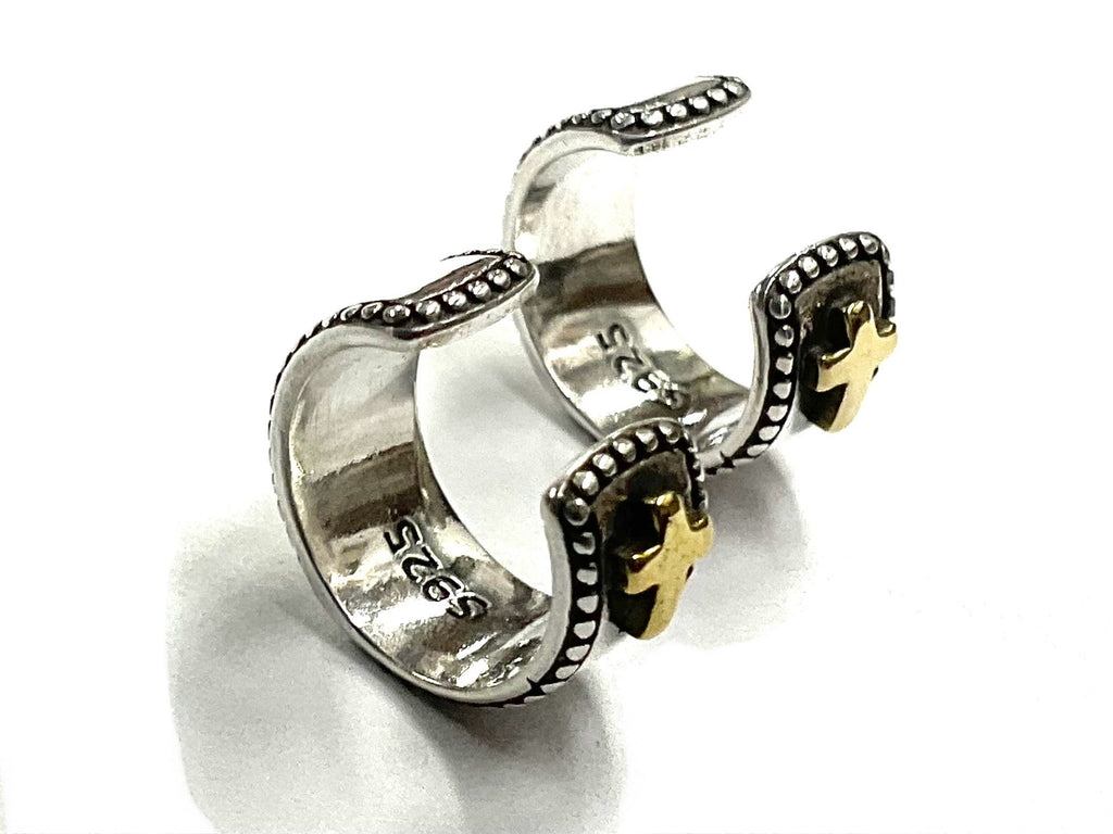 Sterling silver cross wrap cuff earrings, gold cross details, curved open design