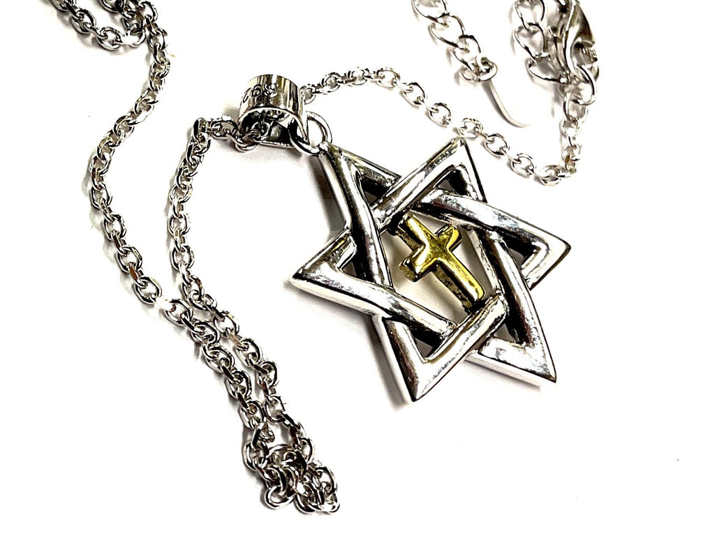 Angled silver Star of David necklace pendant with gold inlaid cross