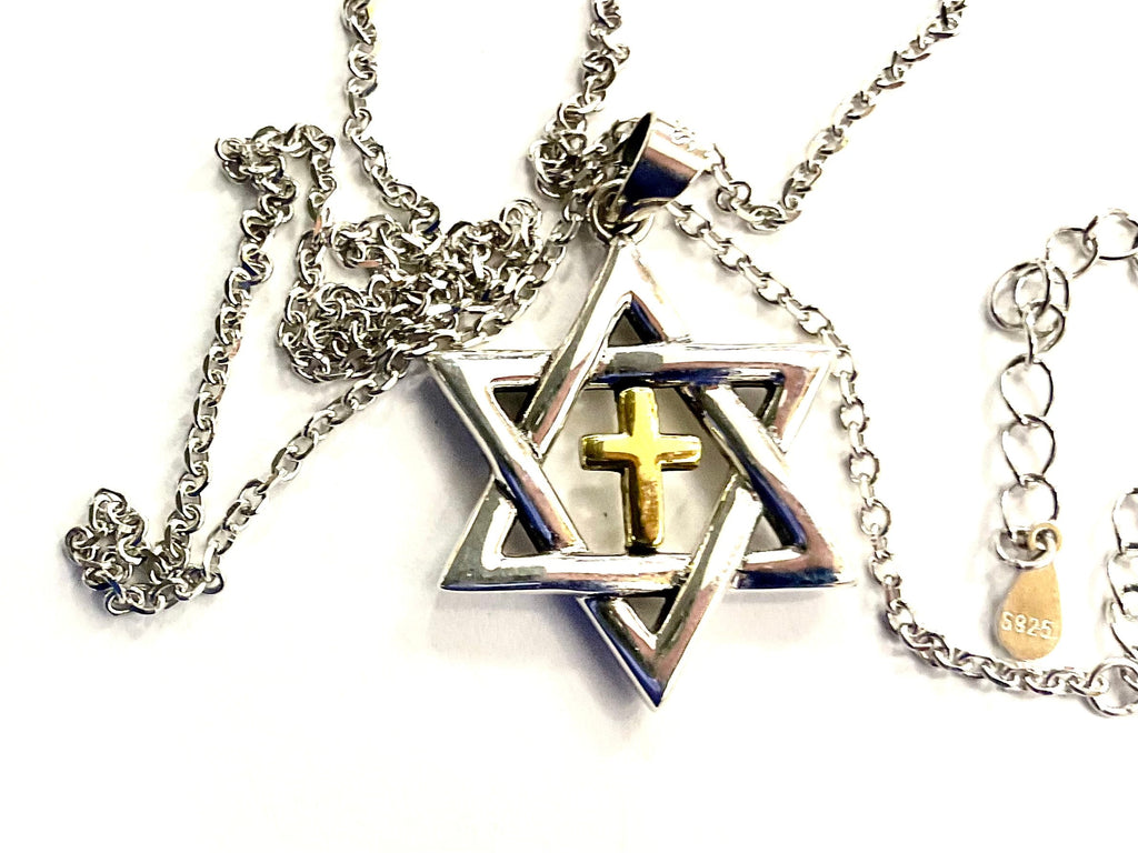 Silver Star of David necklace pendant with gold cross inlay, layered frames