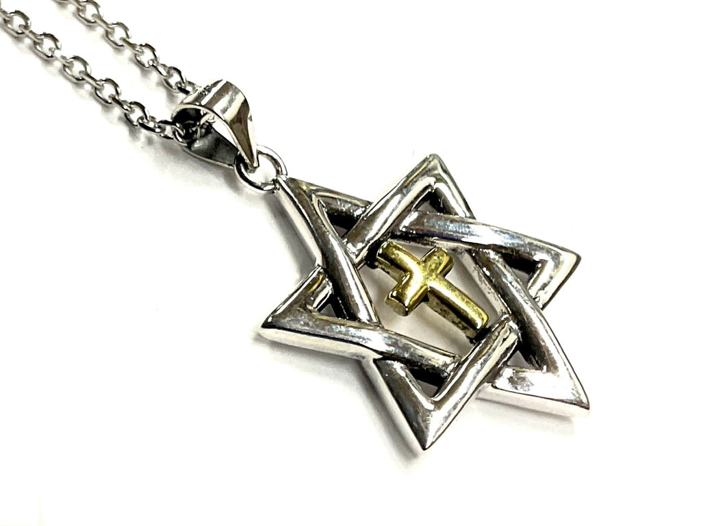 Silver Star of David pendant necklace with gold inlay cross, chain clasp