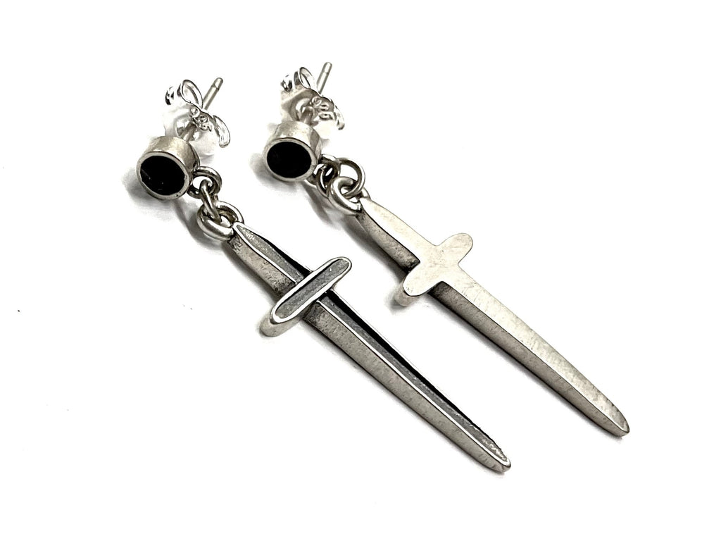 Sterling silver dangle earrings with black onyx studs, dagger drops, one cross charm