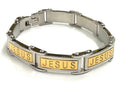 Stainless steel bracelet with hinged clasp and engraved JESUS blocks in gold and silver