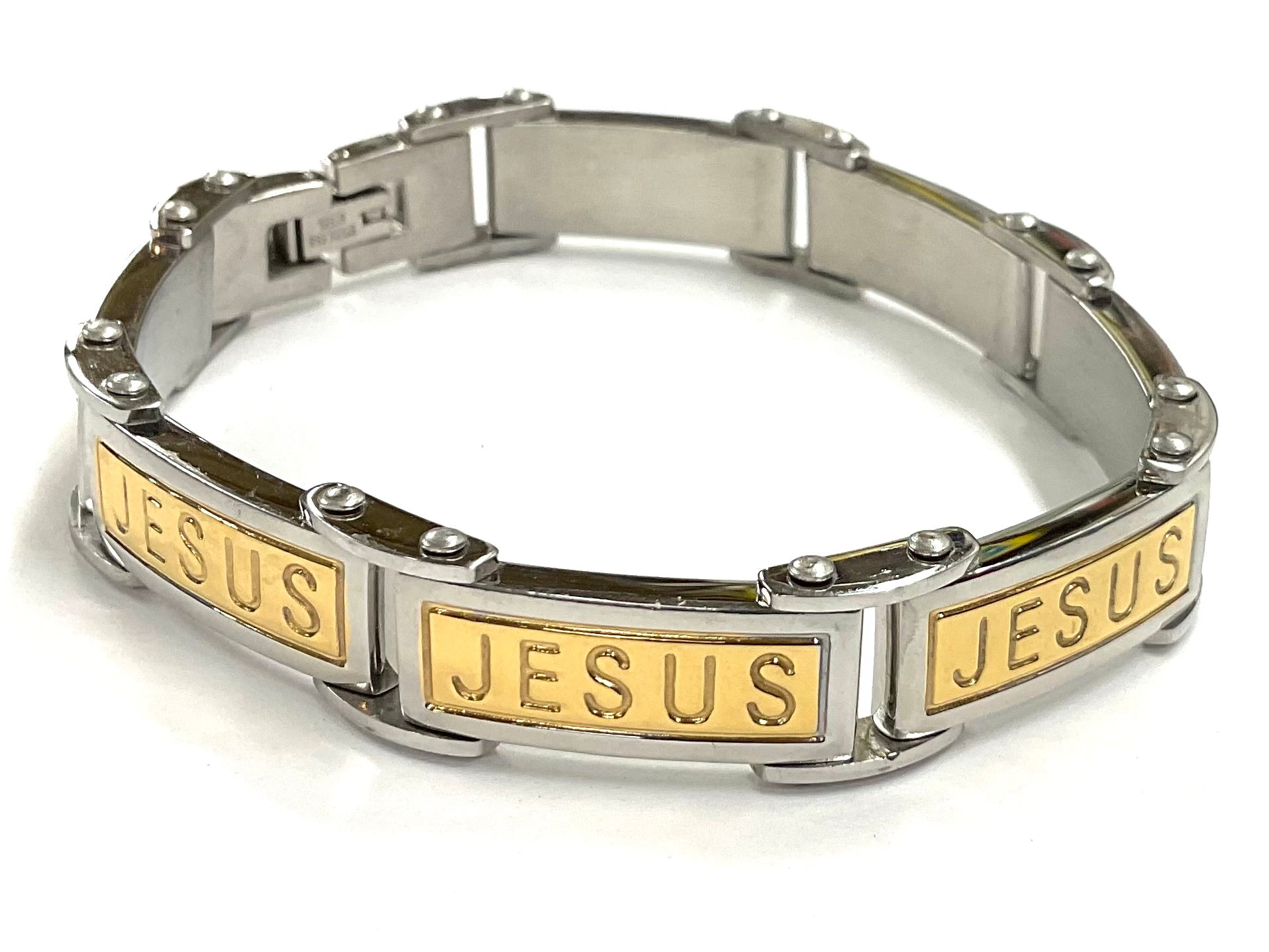 Stainless steel bracelet with hinged clasp and engraved JESUS blocks in gold and silver