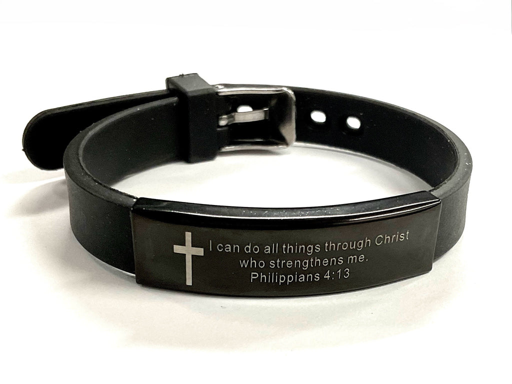 Black leather bracelet with silver buckle, engraved cross and Philippians 4:13 quote plate