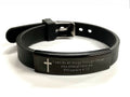 Black leather bracelet with silver buckle, engraved cross and Philippians 4:13 quote plate