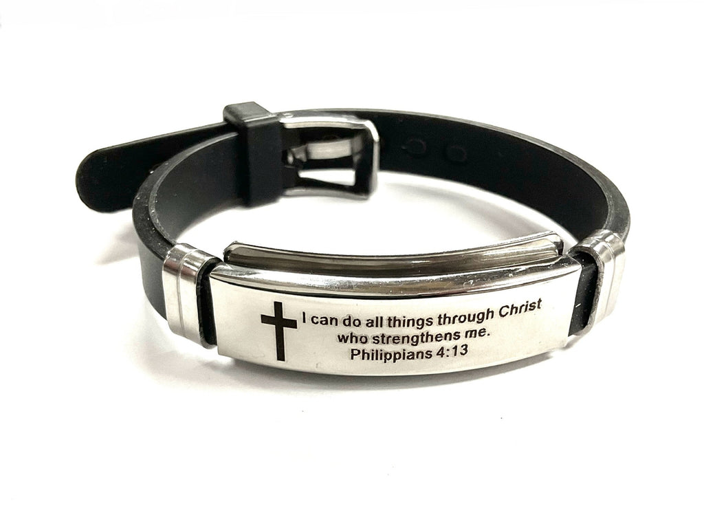 Black leather bracelet with silver clasp and engraved cross panel reading Philippians 4:13