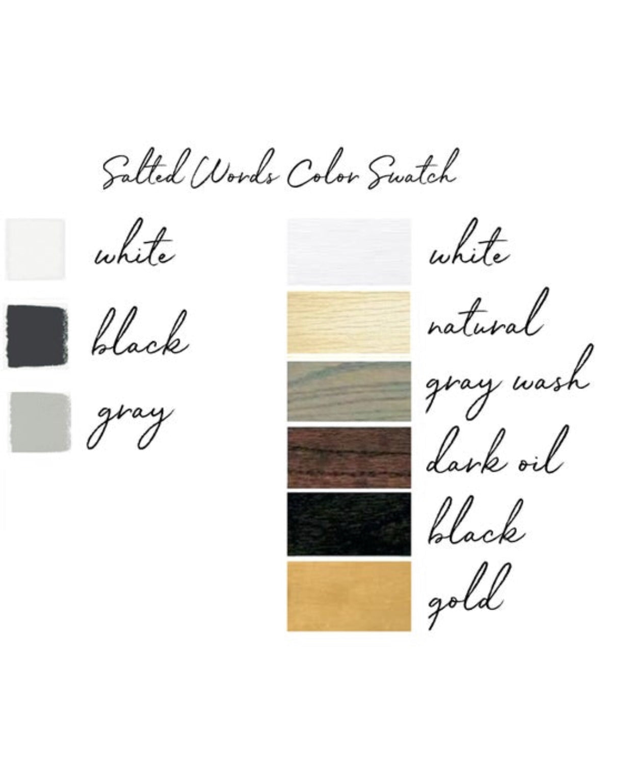 Salted Words color swatch with ink options: white, black, gray, natural, gold