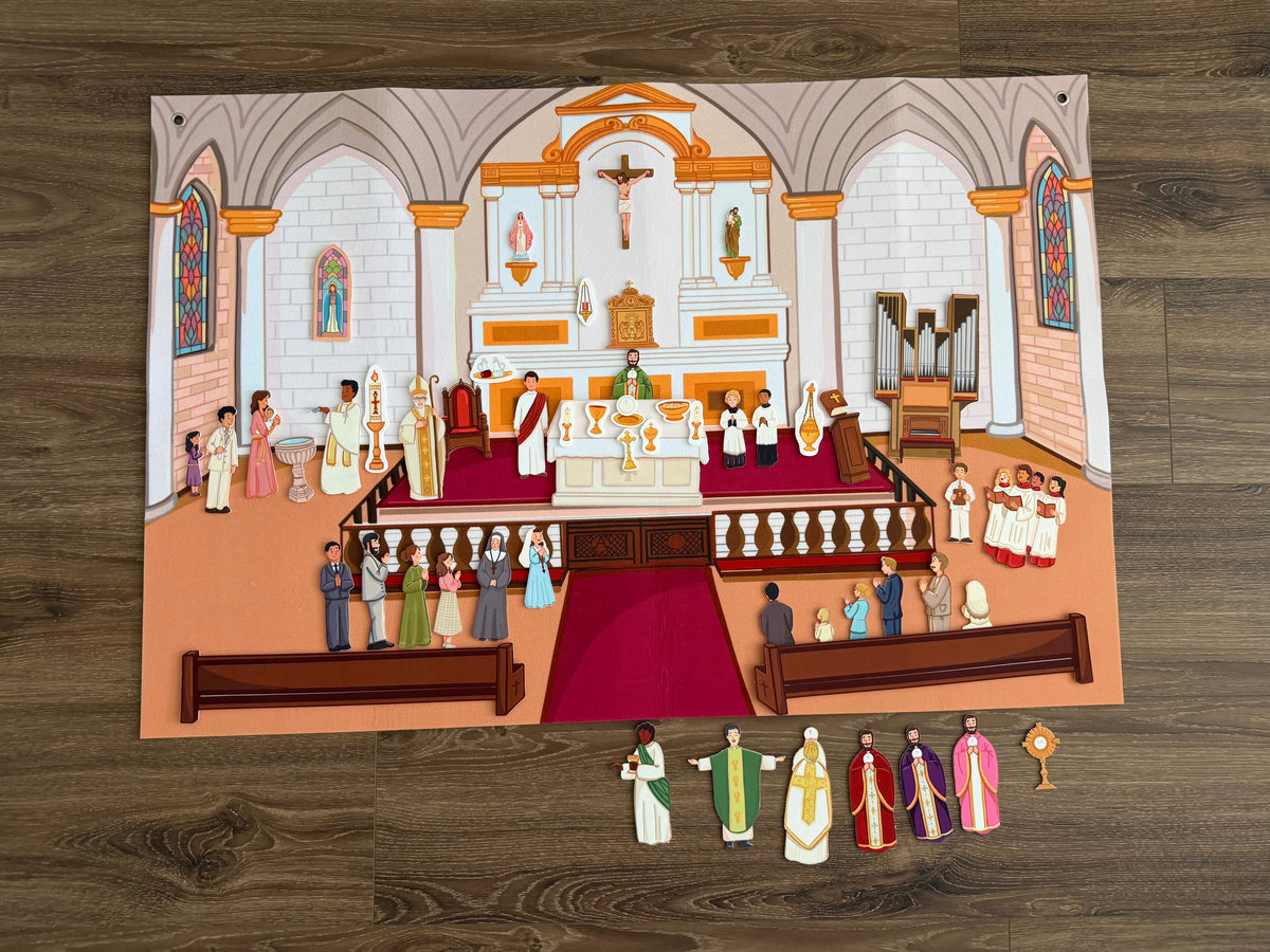 Church play story board with detailed altar, pews, and small character figures