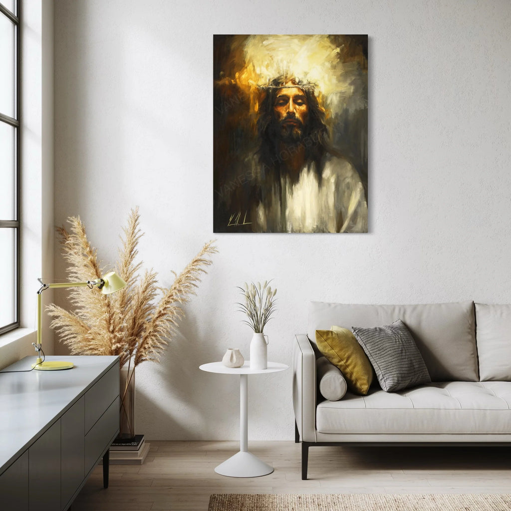 Bearded religious portrait wall art print with gold halo, small framed