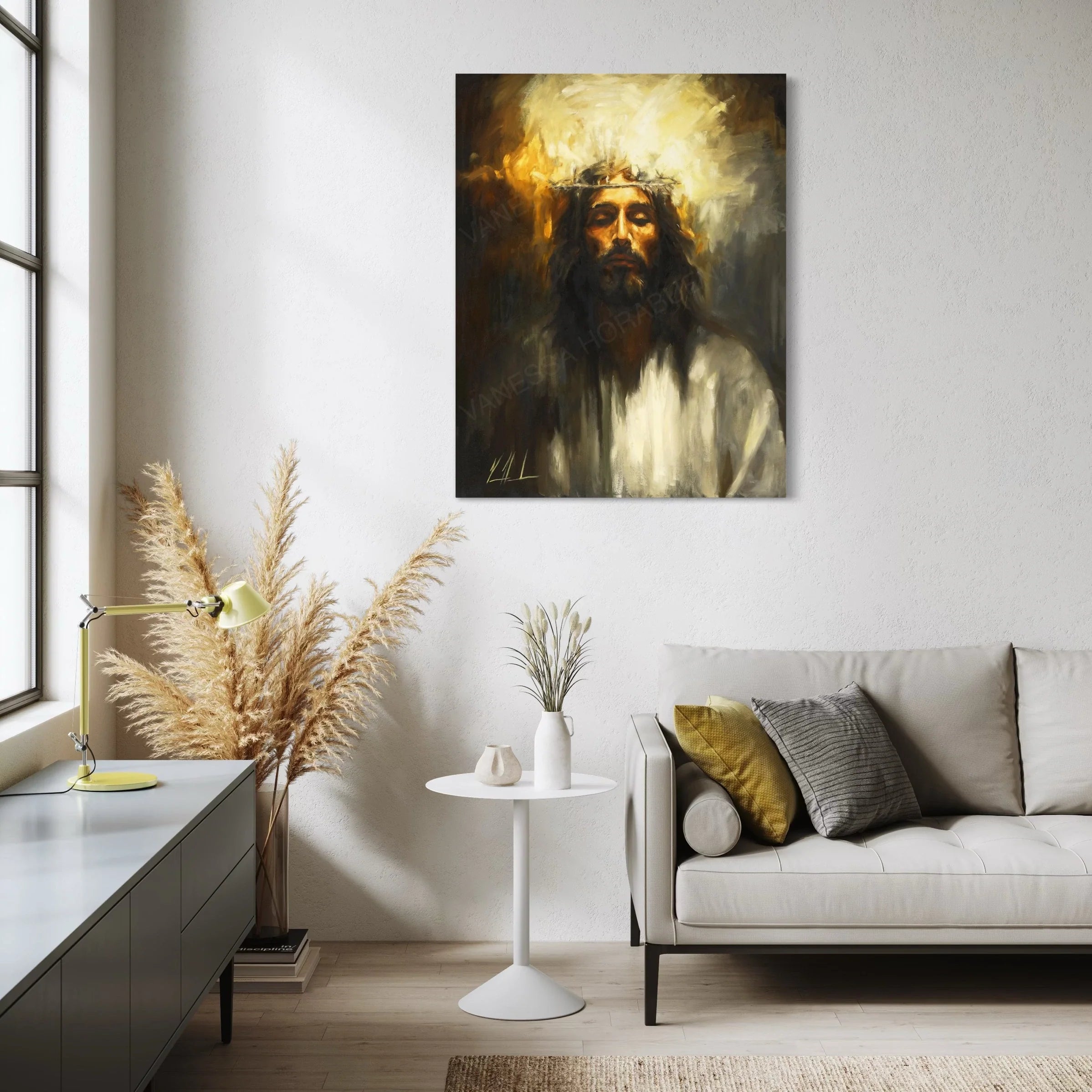 Bearded religious portrait wall art print with gold halo, small framed