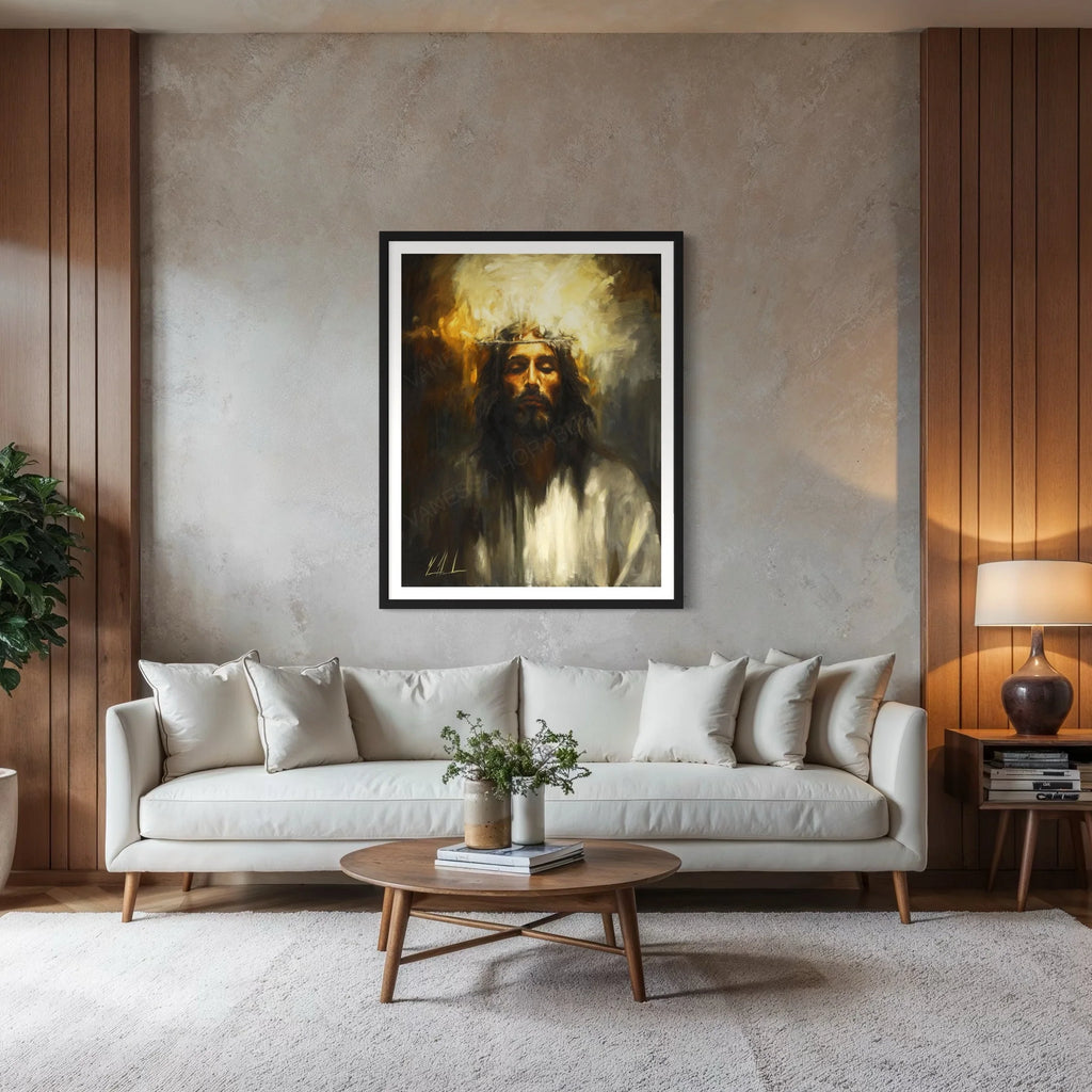 Holy One square portrait print in black frame, bearded man with glowing halo