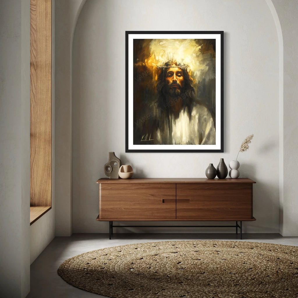 Holy One portrait artwork in black frame, bearded man with glowing halo and white robe