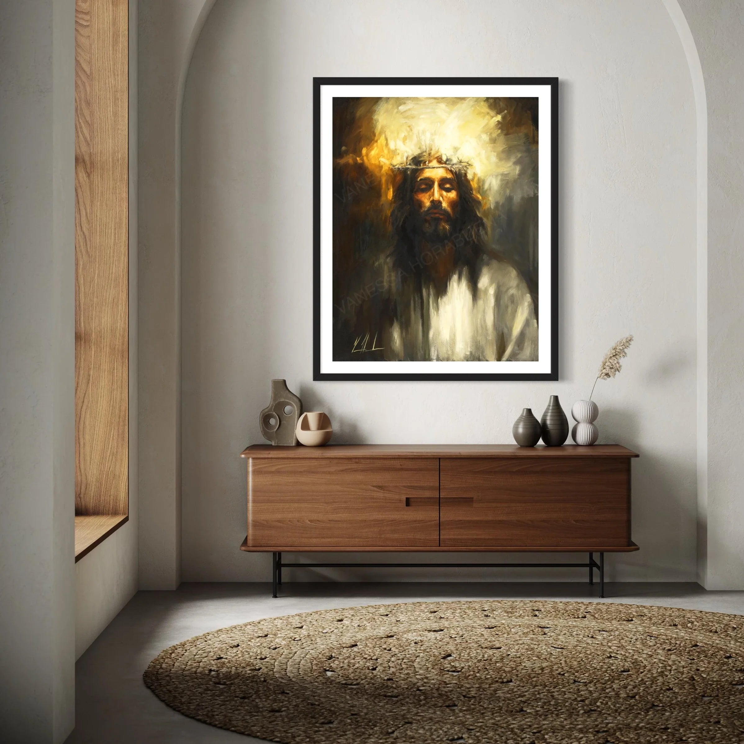 Holy One portrait artwork in black frame, bearded man with glowing halo and white robe
