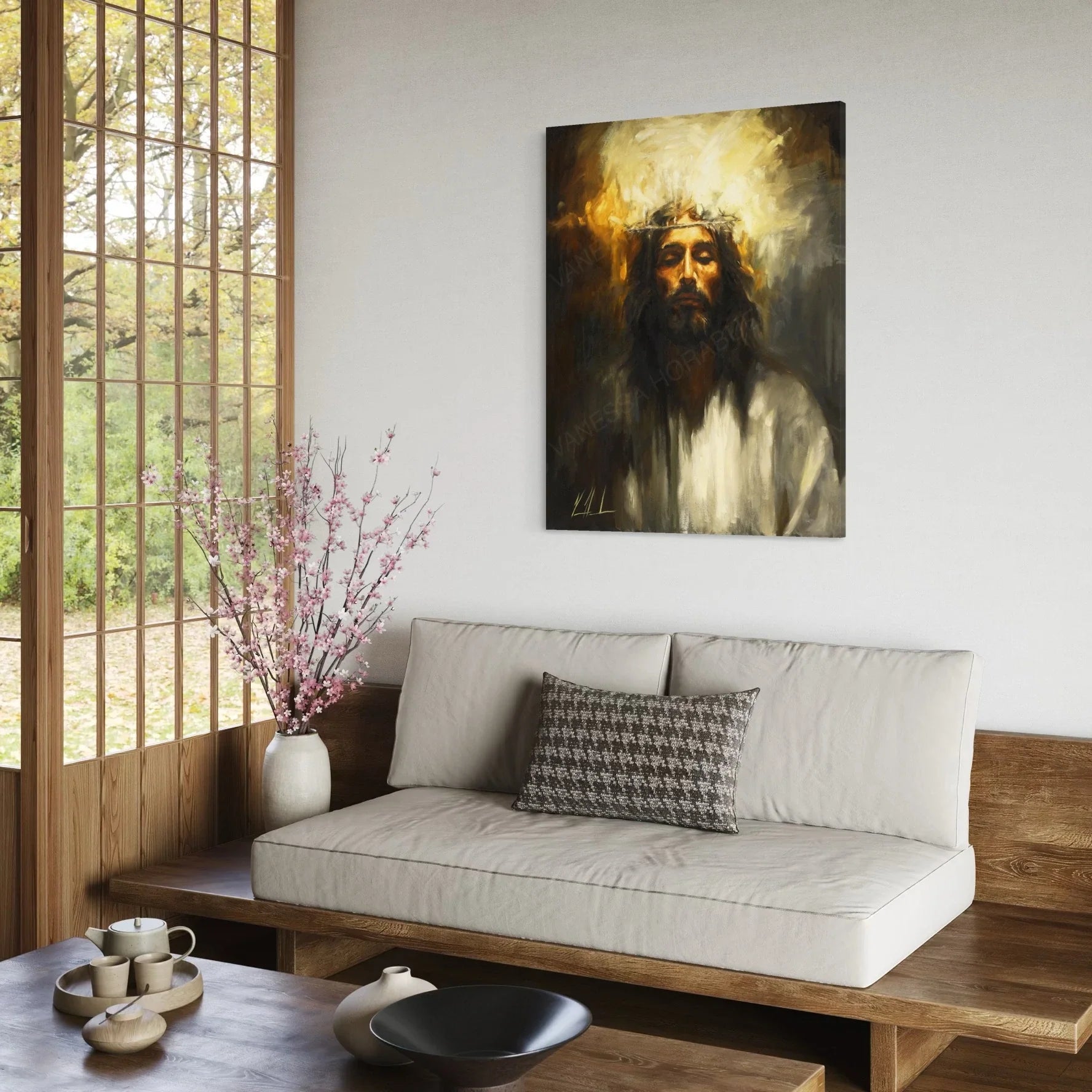 Holy One portrait artwork on wall, bearded man with glowing halo and white robe