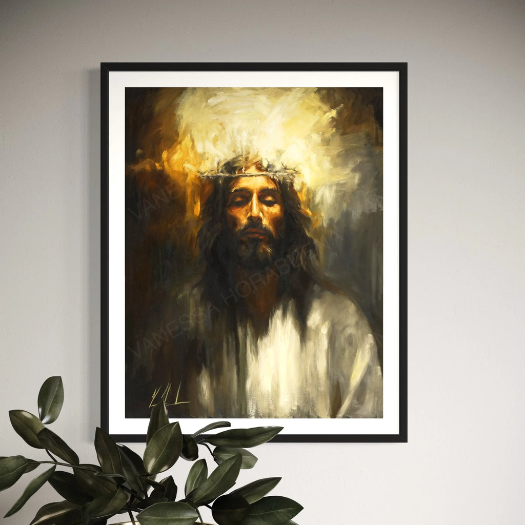 Bearded religious portrait wall art print with gold halo, in black frame