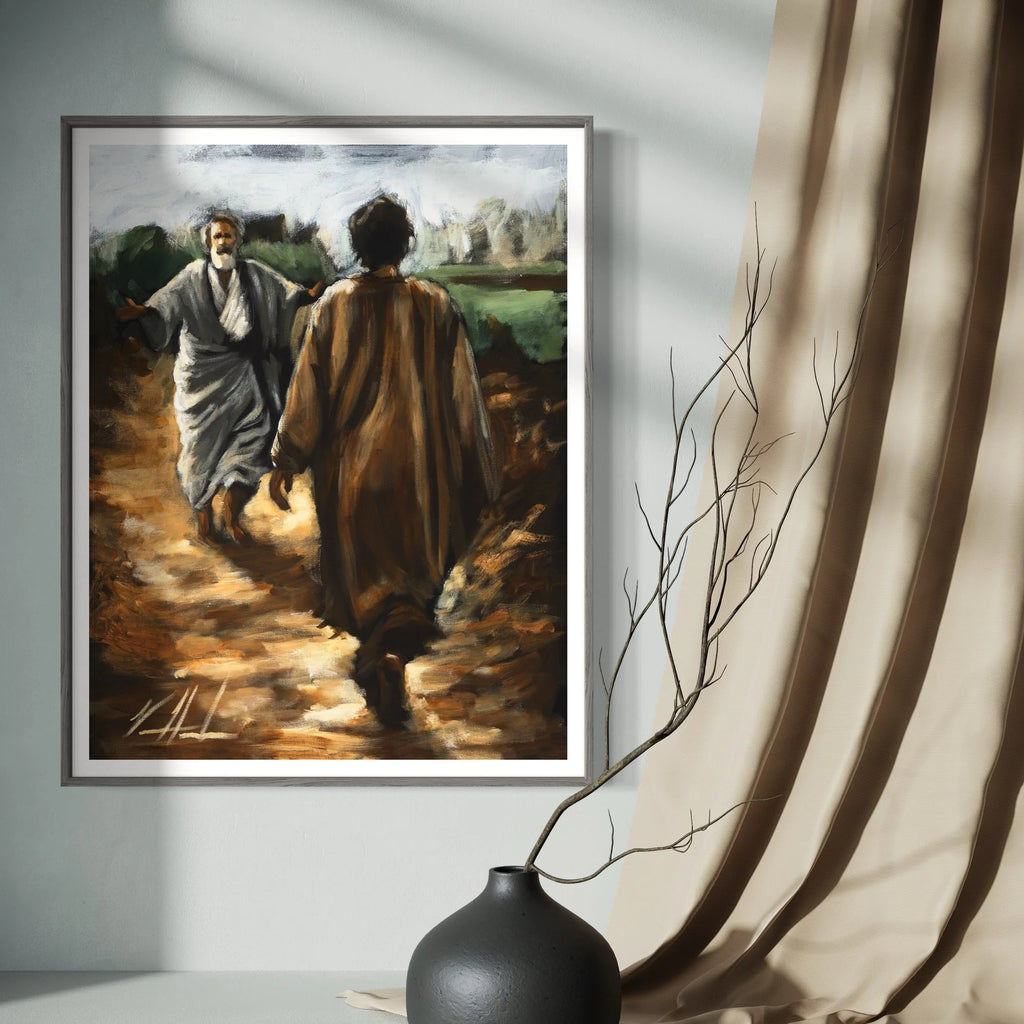 Framed artwork print of two men walking with a dark vase and sheer curtains nearby