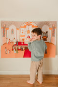 Children's church play story board with miniature figures and altar scene