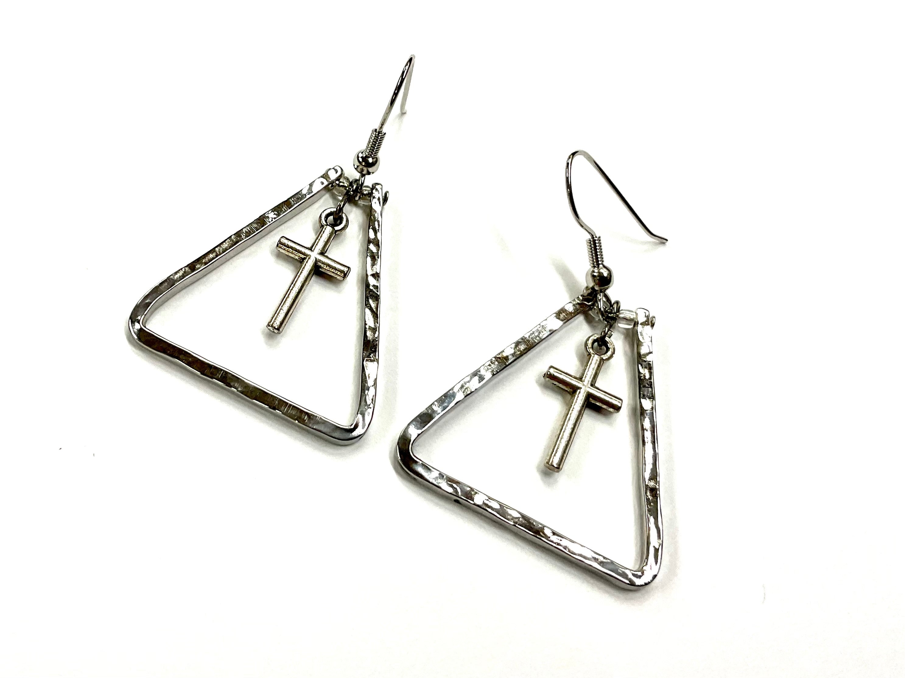 Silver triangle drop earrings with cross bar detail and fishhook backs