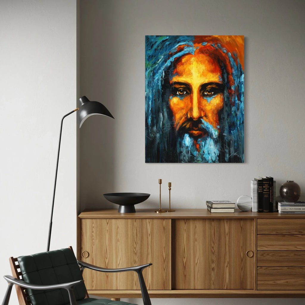 Small framed portrait print of a bearded man in blue and orange